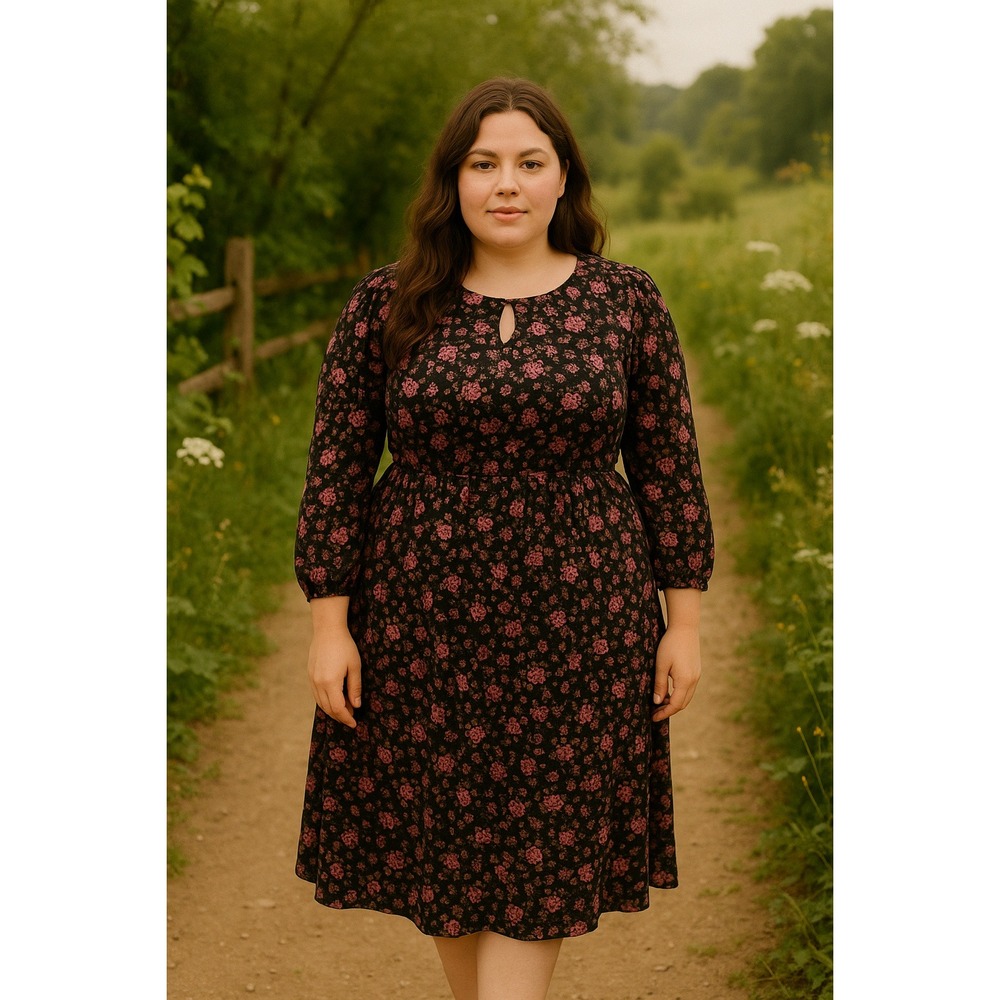 Leota Iman Dress Women 1X Floral Black Midi Cottage Peasant Boho Career Office‎